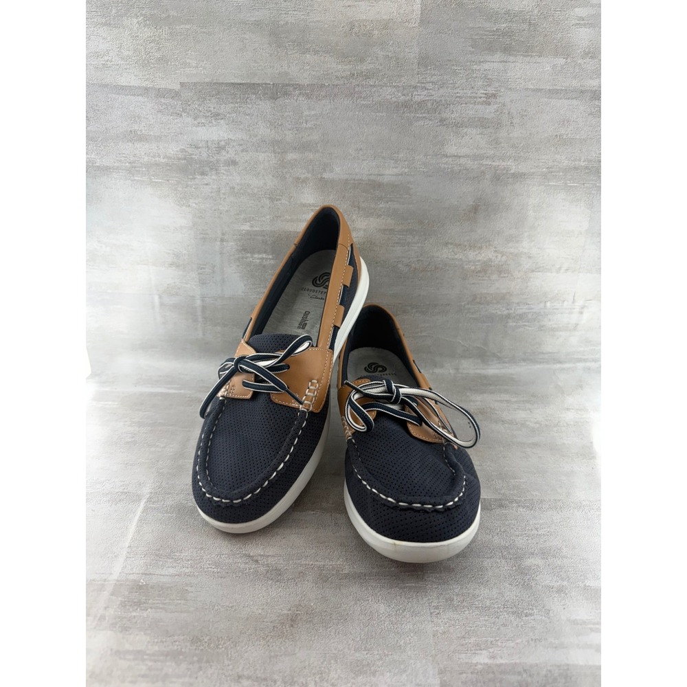 Clarks Cloudsteppers Women Sz 8M Navy Blue Tan Boat Shoes Loafers 261244394055